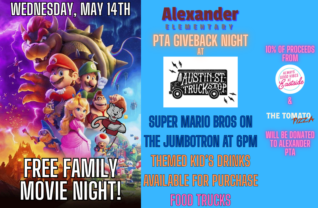  Family movie night flier with information and Mario Bros movie poster